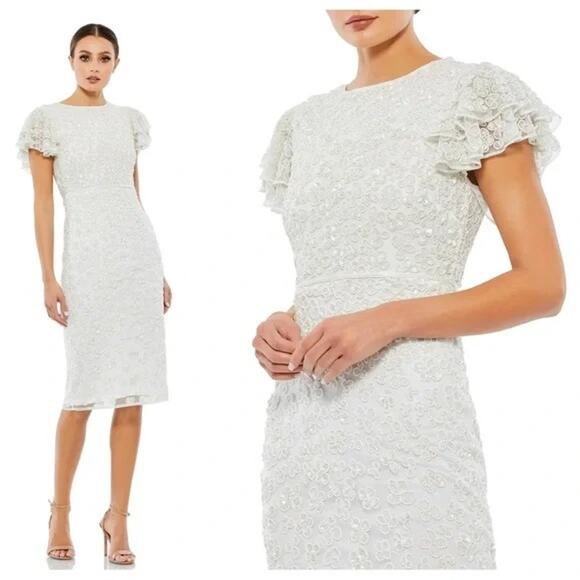 Mac Duggal Dresses & Skirts - Mac Duggal Beaded Short Sleeve Sequined Floral Midi Sheath Dress White Sz 8